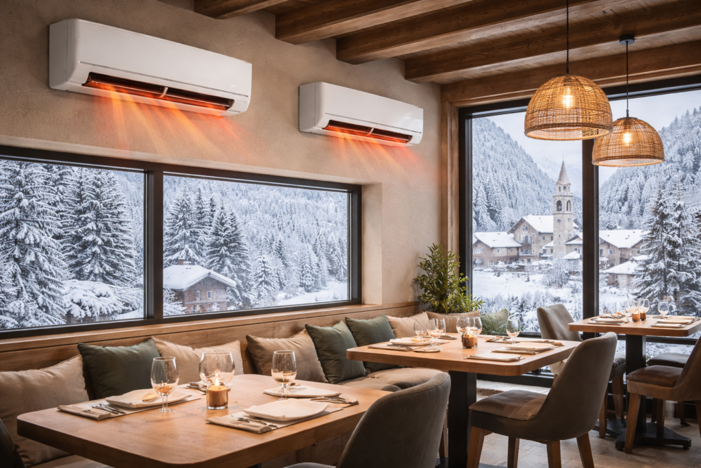 Climatizzatori split che riscaldano un ristorante a Lumino con neve all’esterno
