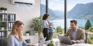 Ufficio a Lugano con aria condizionata e persone al lavoro con vista sul Lago di Lugano