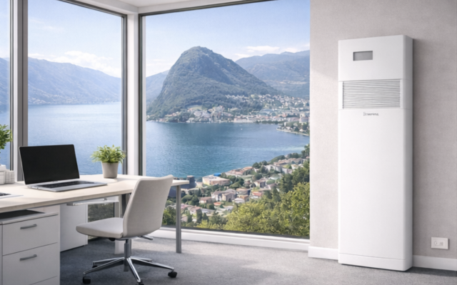 Climatizzatore Innova Vertical 2.0 senza unità esterna installato in un ufficio con vista su Lugano