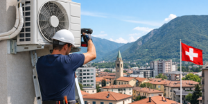 Installazione di aria condizionata a Chiasso con unità esterna su edificio residenziale