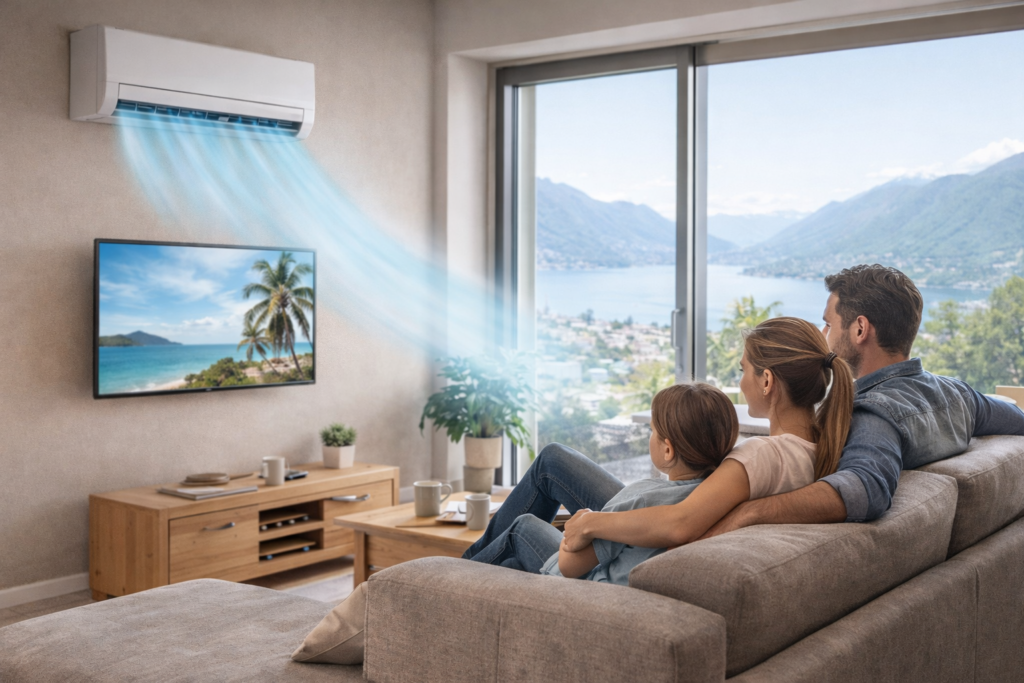 Famiglia in soggiorno a Locarno con climatizzatore Innova che raffresca l’ambiente