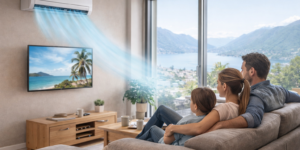 Famiglia in soggiorno a Locarno con climatizzatore Innova che raffresca l’ambiente