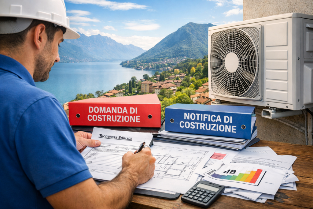 Tecnico che prepara la domanda di costruzione per l’installazione di un condizionatore in Ticino secondo le normative comunali
