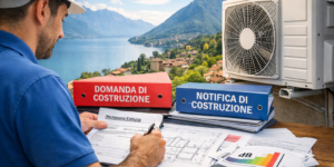 Tecnico che prepara la domanda di costruzione per l’installazione di un condizionatore in Ticino secondo le normative comunali