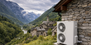 Pompa di calore aria-aria installata su una casa in pietra nel Distretto di Vallemaggia