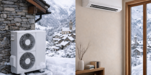 Pompa di calore aria-aria con unità esterna e split interno in inverno nel Distretto di Leventina