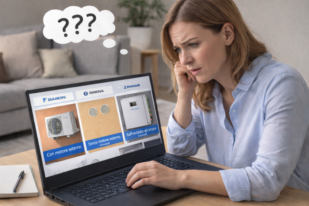 Donna indecisa che confronta diverse tipologie di condizionatori su computer per scegliere la soluzione più adatta alla propria abitazione in Ticino