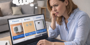 Donna indecisa che confronta diverse tipologie di condizionatori su computer per scegliere la soluzione più adatta alla propria abitazione in Ticino
