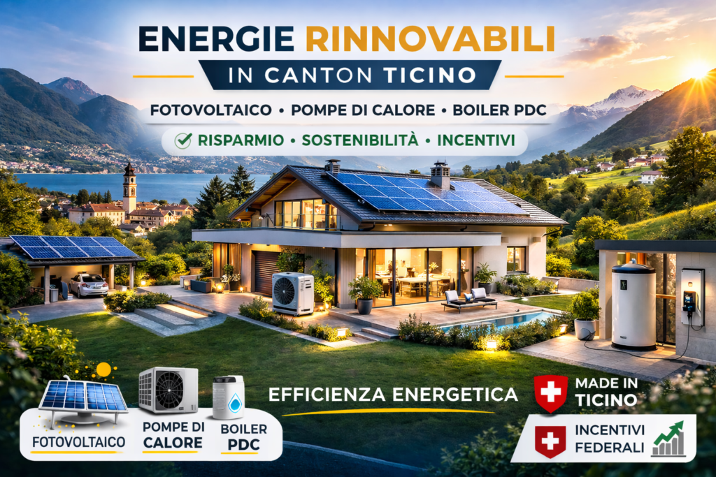 Energie rinnovabili in Canton Ticino con fotovoltaico, pompa di calore e boiler PDC
