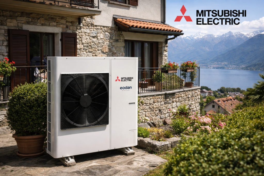 Pompa di calore Mitsubishi Ecodan installata su abitazione residenziale in Ticino da Climalux