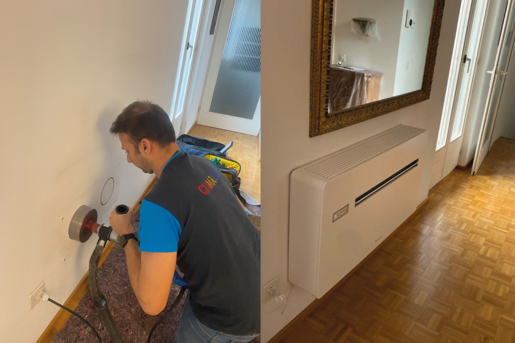 Installazione climatizzatore senza unità esterna con griglie a parete e unità interna installata in abitazione nel Mendrisiotto