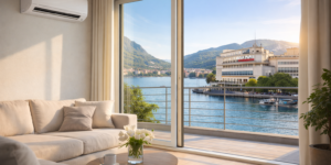 Soggiorno di abitazione climatizzato con condizionatore a parete e vista sul Casinò di Lugano e Lago di Lugano