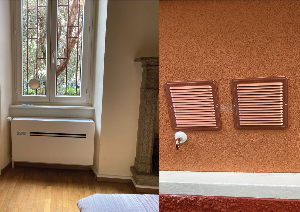 Condizionatore Innova orizzontale installato a Vacallo con griglie esterne in rame senza unità esterna