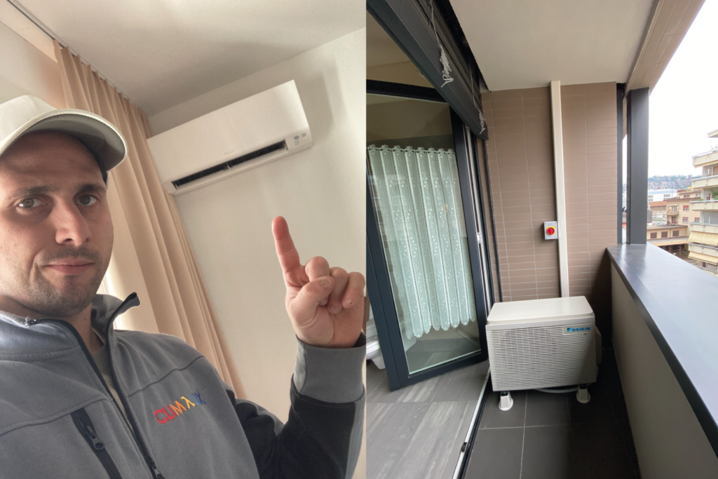 Installazione reale di condizionatore monosplit con unità interna e motore esterno in appartamento nel Mendrisiotto