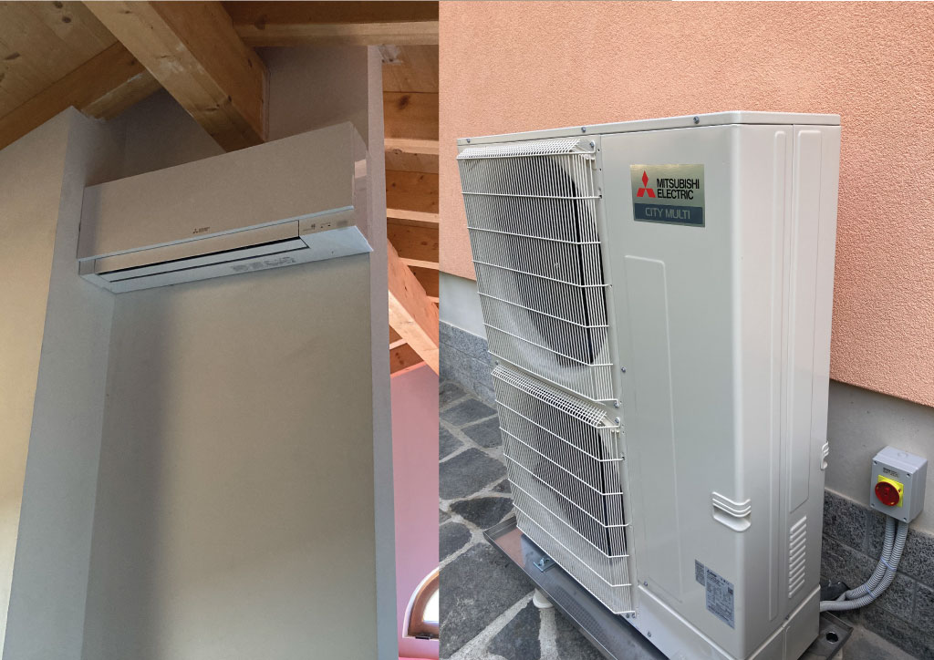 Condizionatore Mitsubishi multisplit installato a Vacallo da Climalux con unità interna ed esterna